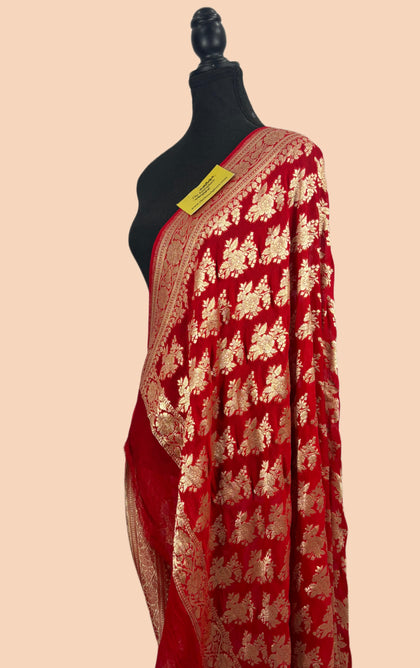 Blood Red Pure Khaddi Georgette Banarasi Handloom Dupatta - Water Zari