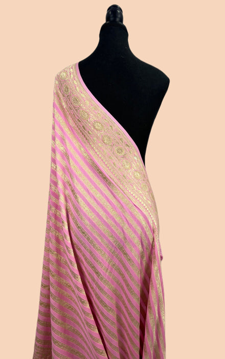 Pink Pure Khaddi Georgette Banarasi Handloom Dupatta - Water Zari