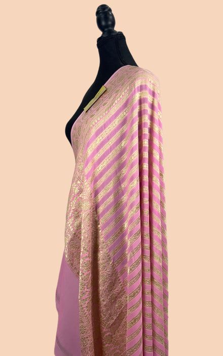 Pink Pure Khaddi Georgette Banarasi Handloom Dupatta - Water Zari