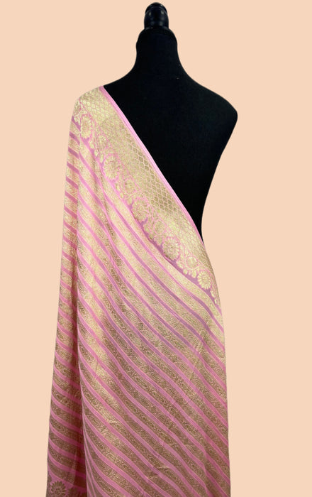 Pink Pure Khaddi Georgette Banarasi Handloom Dupatta - Water Zari