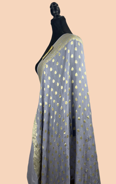 Steel Gray Pure Khaddi Georgette Banarasi Handloom Dupatta - Water Zari