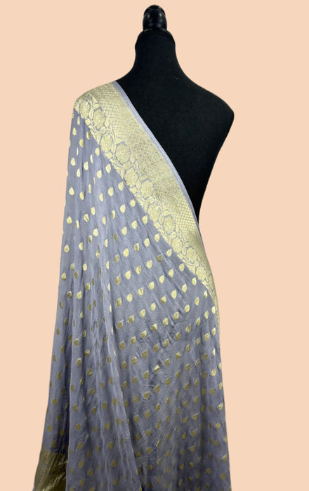 Steel Gray Pure Khaddi Georgette Banarasi Handloom Dupatta - Water Zari