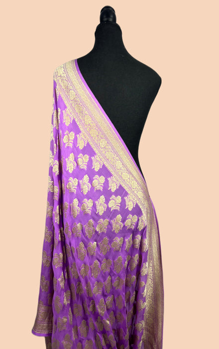Fuchsia Pure Khaddi Georgette Banarasi Handloom Dupatta - Water Zari