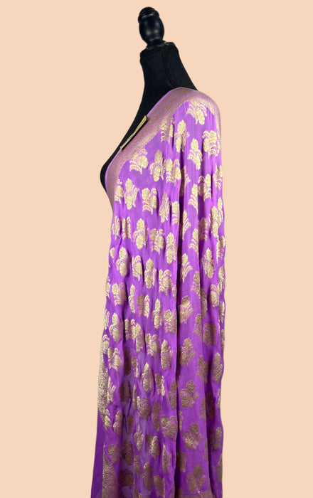 Fuchsia Pure Khaddi Georgette Banarasi Handloom Dupatta - Water Zari