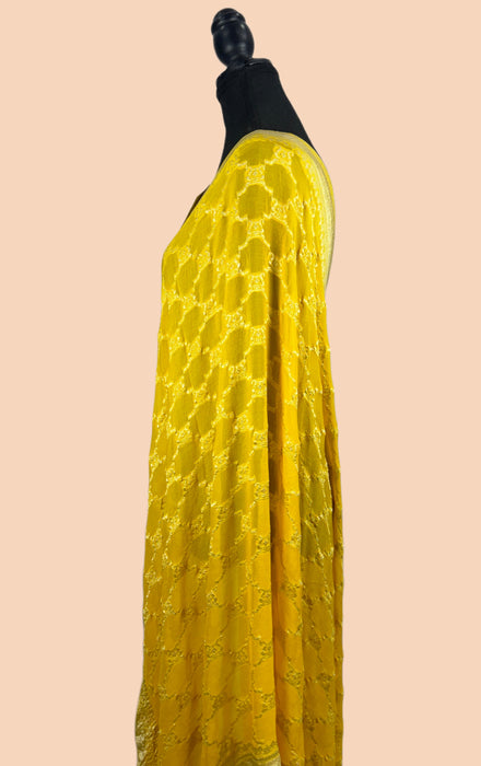 Yellow Pure Khaddi Georgette Banarasi Handloom Dupatta - Water Zari