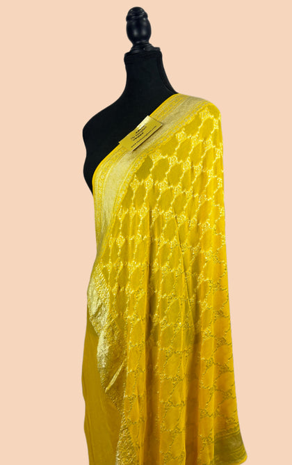Yellow Pure Khaddi Georgette Banarasi Handloom Dupatta - Water Zari