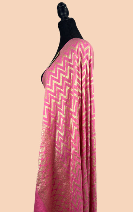 Pink Pure Khaddi Georgette Banarasi Handloom Dupatta - Water Zari