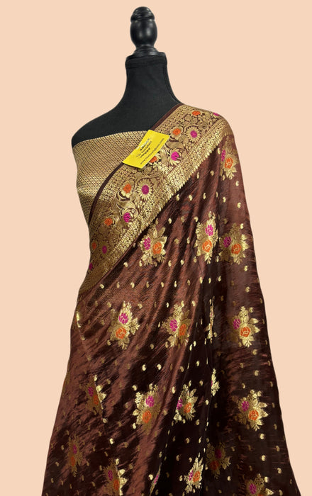 Spanish Brown Pure Dupion Banarasi Handloom Saree - Meenakari