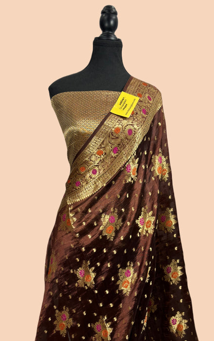Spanish Brown Pure Dupion Banarasi Handloom Saree - Meenakari