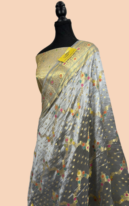 Persian Gray Pure Dupion  Banarasi Handloom Saree - Meenakari