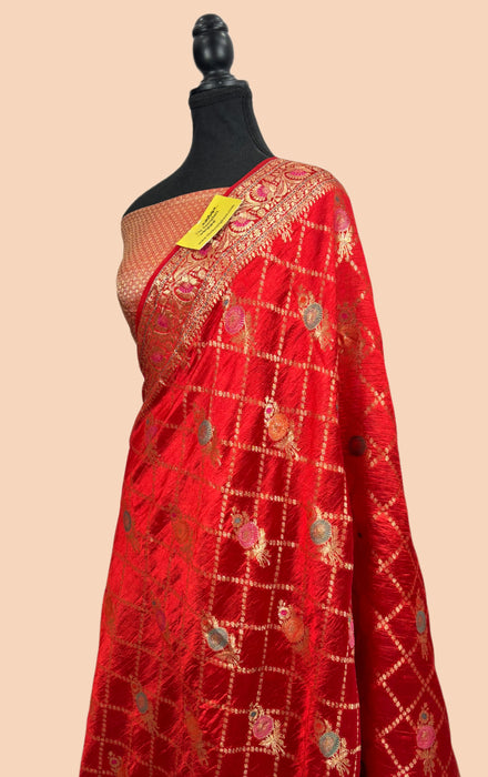 Red Pure Dupion Banarasi Handloom Saree - Meenakari