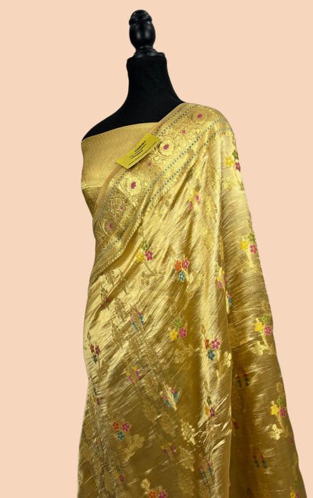 Cream Pure Dupion Banarasi Handloom Saree - Meenakari