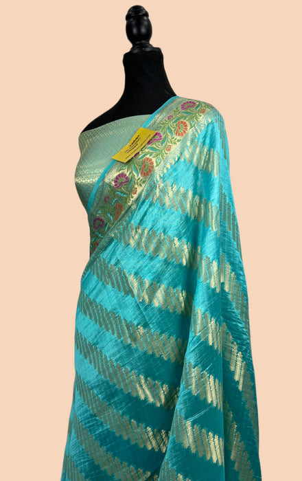 Teal Blue Pure Dupion Banarasi Handloom Saree