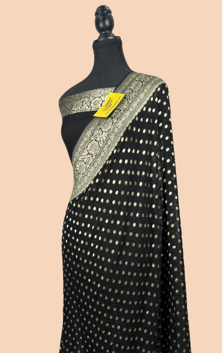 Black Khaddi Georgette Banarasi Handloom Saree - Water Zari