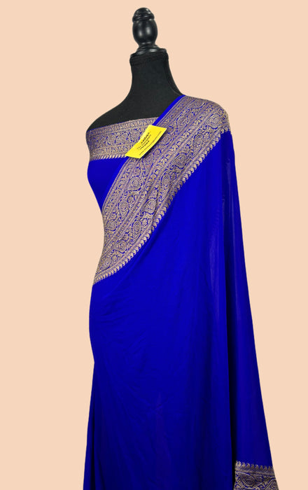 Blue Pure Khaddi Georgette Banarasi Handloom Saree - Antique Zari