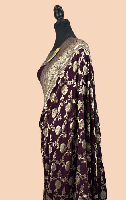 Spanish Brown Khaddi Georgette Banarasi Handloom Saree - Water Zari