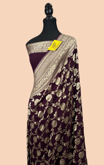 Spanish Brown Khaddi Georgette Banarasi Handloom Saree - Water Zari