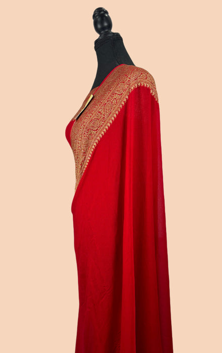 Red Pure Khaddi Georgette Banarasi Handloom Saree - Antique Zari