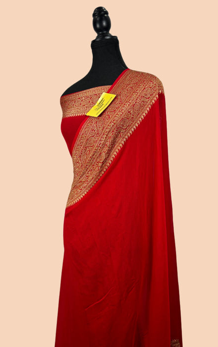 Red Pure Khaddi Georgette Banarasi Handloom Saree - Antique Zari