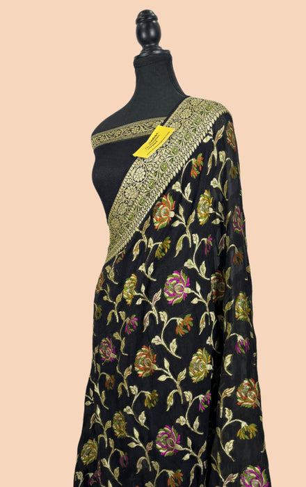 Black Pure Khaddi Chiffon Banarasi Saree - Meenakari Work