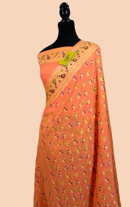 Old Rose Pure Khaddi Chiffon Banarasi Saree