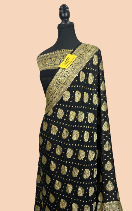 Black Pure Khaddi Chiffon Banarasi Saree