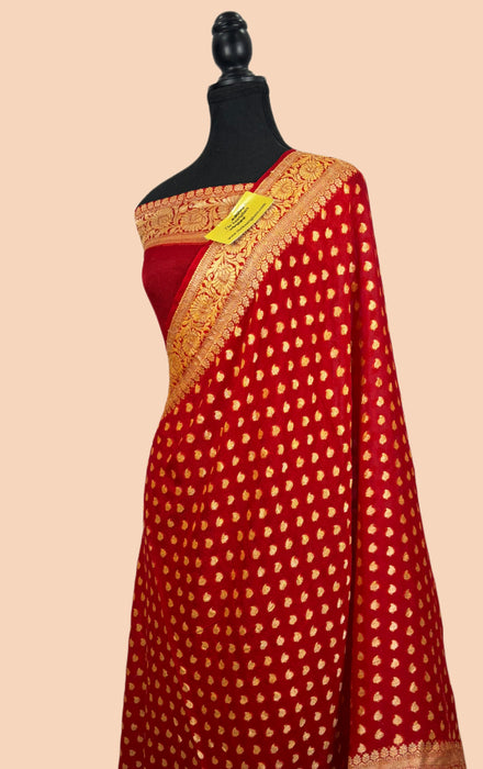 Red Pure Khaddi Chiffon Banarasi Saree