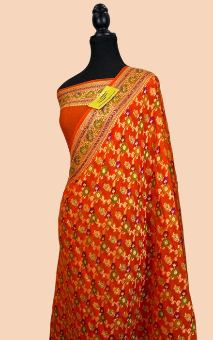 Orange Pure Khaddi Chiffon Banarasi Saree