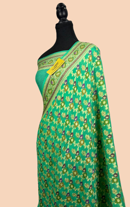 Haze Green Pure Khaddi Chiffon Banarasi Saree