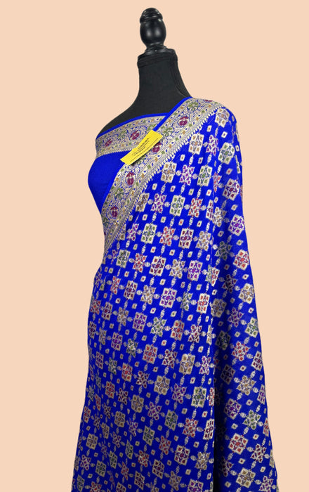 Royal Blue Pure Khaddi Chiffon Banarasi Saree