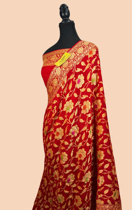Red Pure Khaddi Chiffon Banarasi Saree