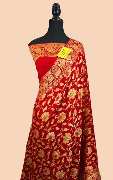 Red Pure Khaddi Chiffon Banarasi Saree
