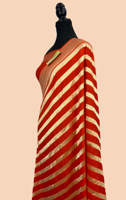 Spanish Orange Pure Khaddi Georgette Banarasi Handloom Saree - Water Zari