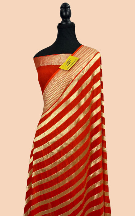 Spanish Orange Pure Khaddi Georgette Banarasi Handloom Saree - Water Zari
