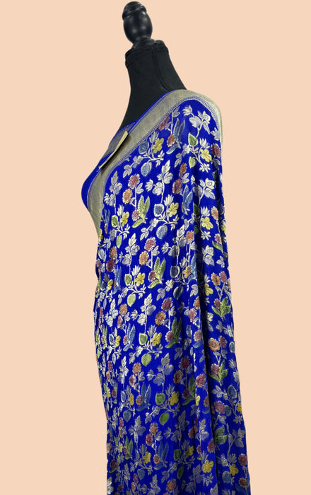 Royal Blue Khaddi Georgette Banarasi Handloom Saree - Meenakari