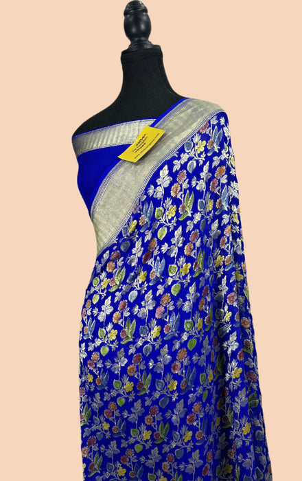 Royal Blue Khaddi Georgette Banarasi Handloom Saree - Meenakari