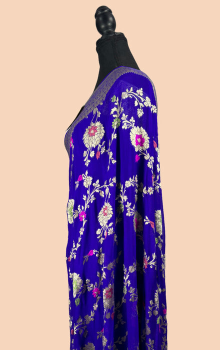 Italian Blue Khaddi Georgette Banarasi Handloom Saree - Meenakari