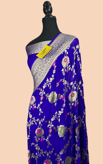 Italian Blue Khaddi Georgette Banarasi Handloom Saree - Meenakari