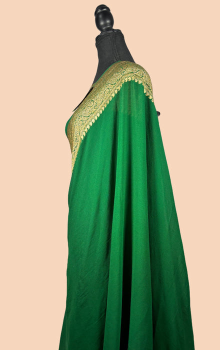 Bottle Green Pure Khaddi Georgette Banarasi Handloom Saree - Antique Zari