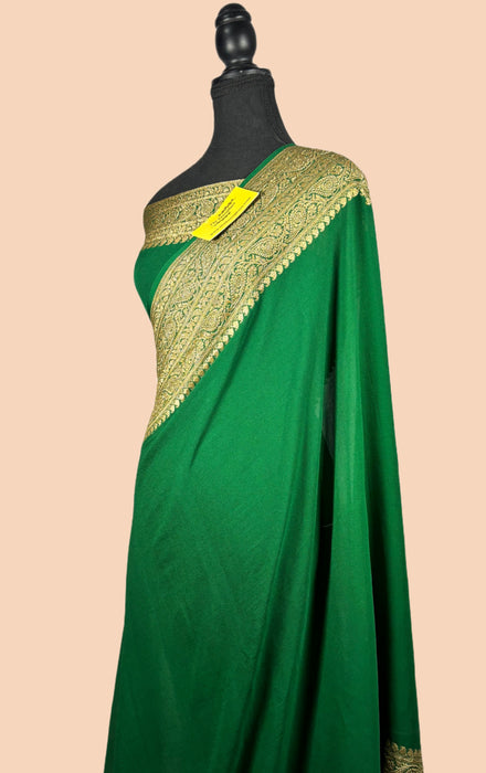 Bottle Green Pure Khaddi Georgette Banarasi Handloom Saree - Antique Zari