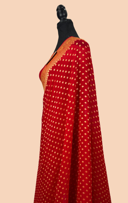 Red Khaddi Georgette Banarasi Handloom Saree - Gold Zari