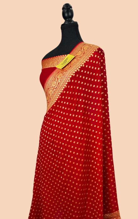 Red Khaddi Georgette Banarasi Handloom Saree - Gold Zari
