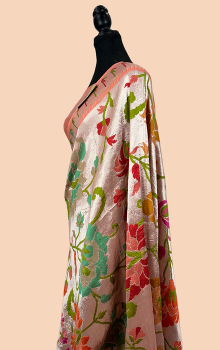 Peach Pure Tussar Georgette Banarasi Handloom Saree - Paithani