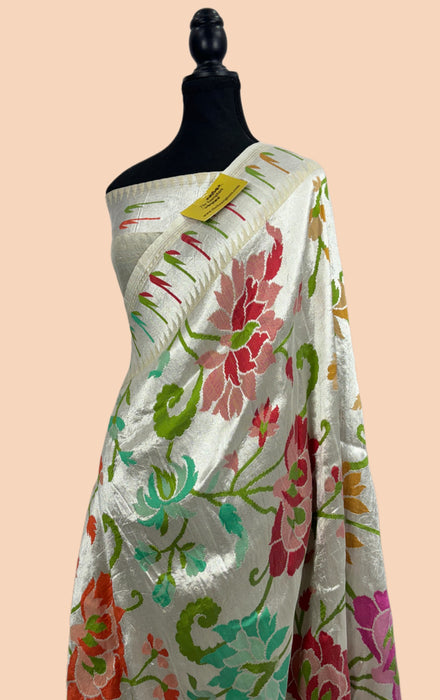 White Pure Tussar Georgette Banarasi Handloom Saree - Paithani
