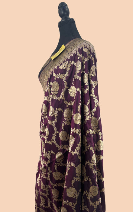 Wine Pure Katan Banarasi Handloom Saree - Sona Jaal Work
