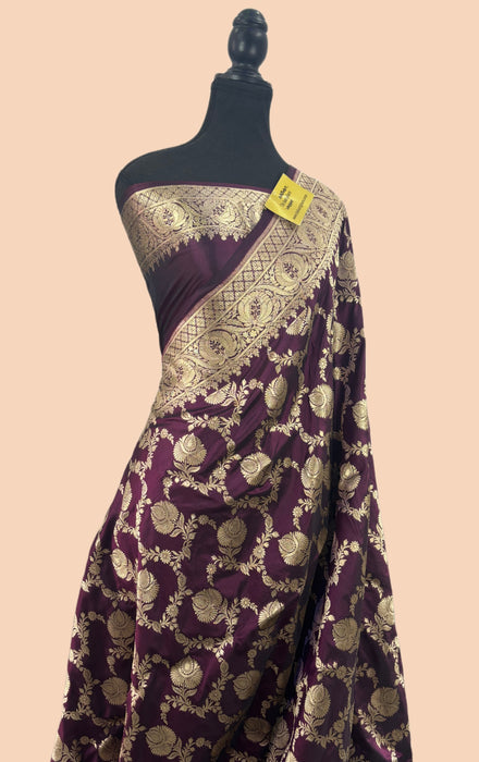 Wine Pure Katan Banarasi Handloom Saree - Sona Jaal Work