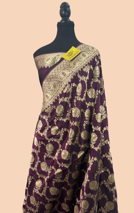 Wine Pure Katan Banarasi Handloom Saree - Sona Jaal Work
