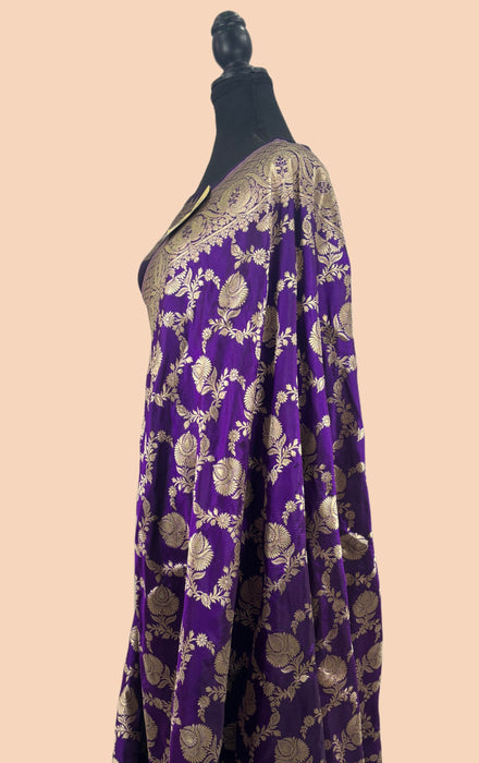 Dark Purple Pure Katan Banarasi Handloom Saree - Sona Jaal Work