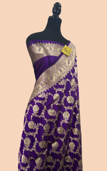 Dark Purple Pure Katan Banarasi Handloom Saree - Sona Jaal Work