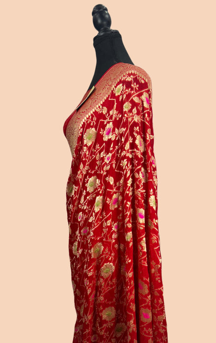 Red Pure Khaddi Georgette Banarasi Handloom Saree - Meenakari